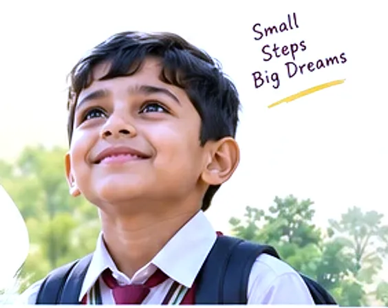 Illustration of a smiling schoolboy looking up, with the handwritten note “Small Steps, Big Dreams”