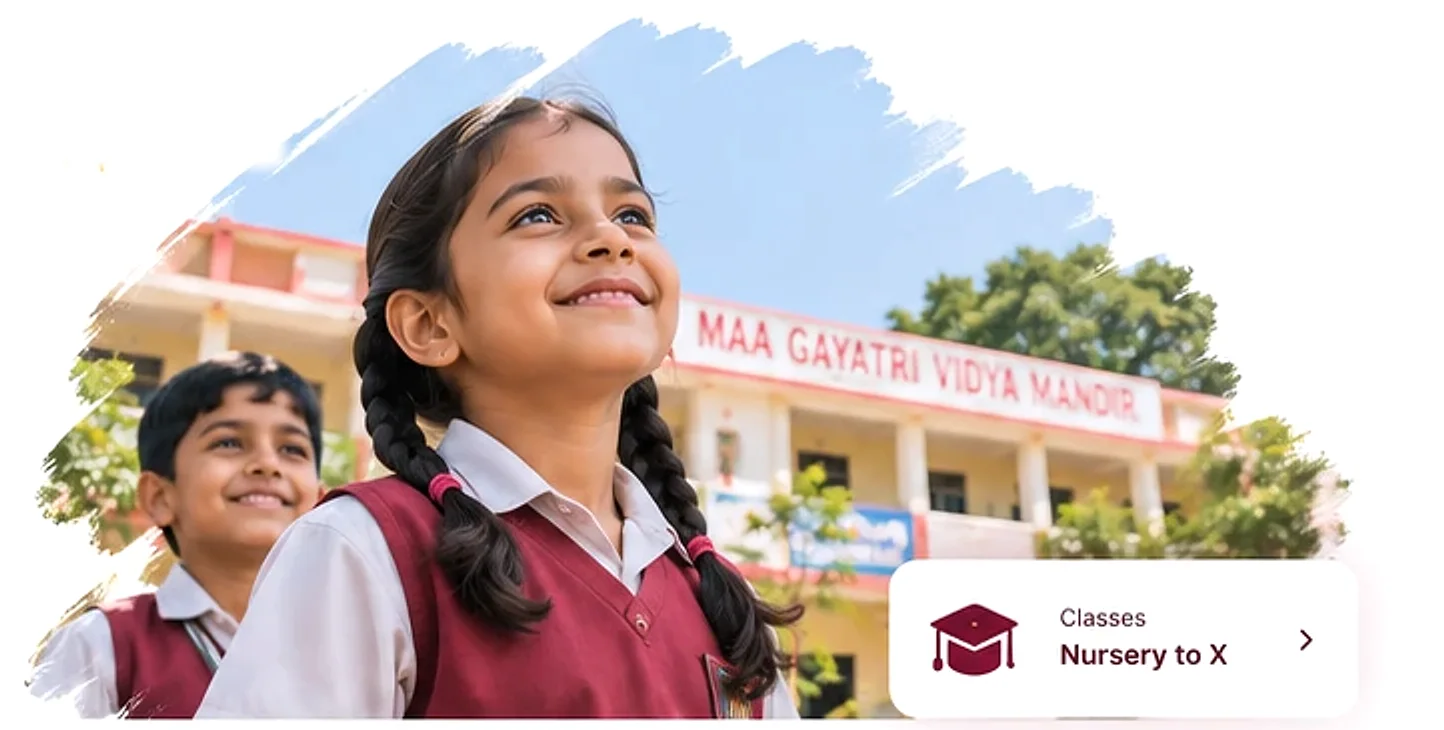 Illustration of two smiling students in maroon uniforms standing in front of the Maa Gayatri Vidya Mandir school building
