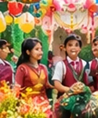 Illustration of students at a decorated school celebration