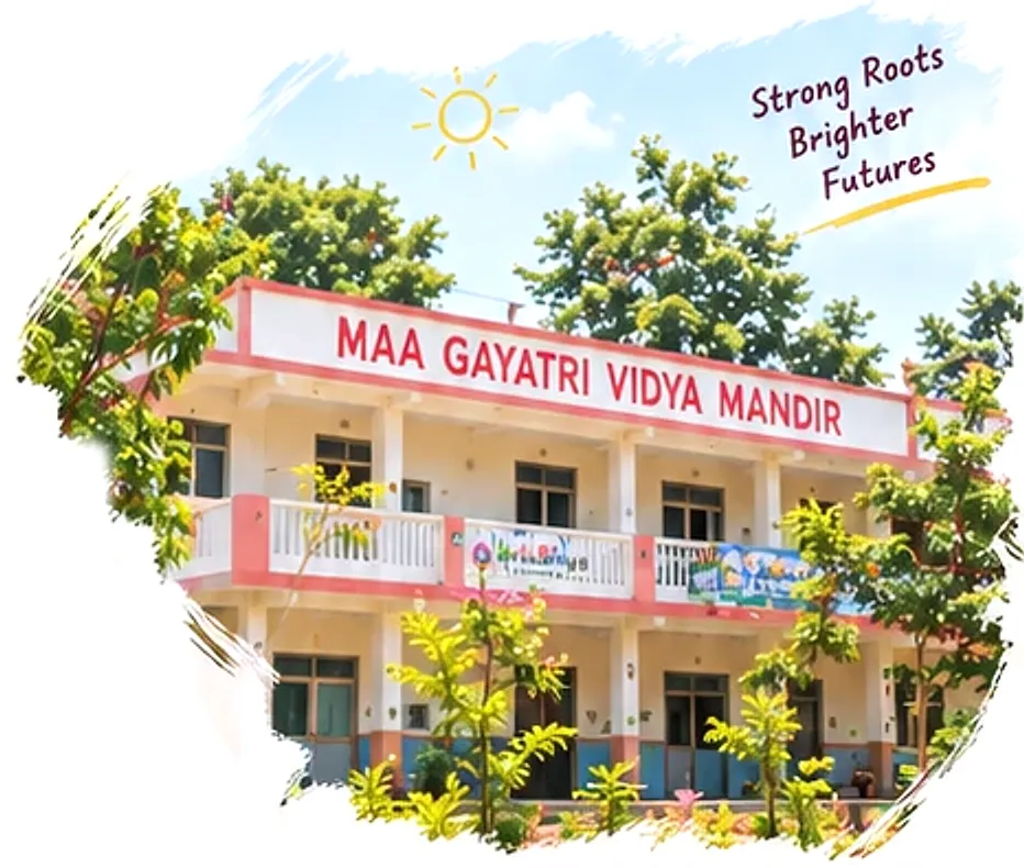 Illustration of the two-storey Maa Gayatri Vidya Mandir school building surrounded by trees